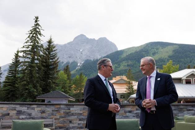 Prime Minister Keir Starmer attends the G7 Summit in Canada 17 06 2025. Kananaskis, Canada. Prime Minister Keir Starmer meets Australian Prime Minister Anthony Albanese for a bilateral as he attends the G7 Summit in the Kananaskis mountain lodge in Canada., Credit:Lauren Hurley Avalon Canada, Kananaskis, Kananaskis  Copyright: xLaurenxHurleyx xAvalonx 1012142530