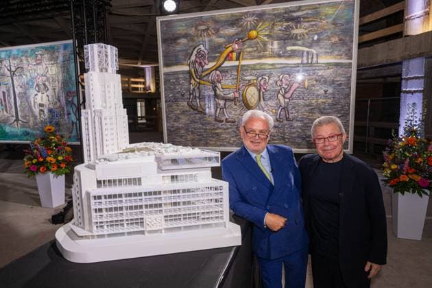 Katoen Natie CEO Fernand Huts and architect Daniel Libeskind poses for the photographer with a scale model during a press event on the new plans for the Boerentoren tower, organized by Katoen Natie, Indaver, The Phoebus Foundation SON and Hannibal Books, on Wednesday 18 June 2025 in Antwerp. A building permit has been submitted for these plans. This ambitious transformation of the tower into a cultural tower with a public function will be revealed on the occasion of the 75th birthday of Mr. F. Huts.  JONASxROOSENS 127320407