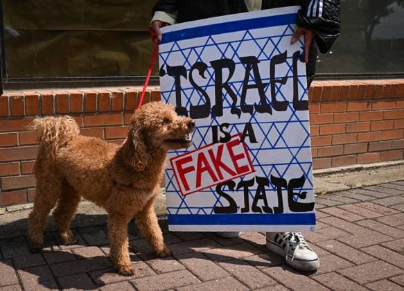 Woman With Israeli Flag Attacked During Edmonton Pro-Palestine Protest EDMONTON, CANADA JUNE 22: A protester holds a placard with words Israel Is A Fake State as members of the local Palestinian diaspora, joined by Iranian and other Middle Eastern Muslim protesters, along with local activists, gather on White Avenue in Edmonton for the Hands Off Palestine, Iran, Syria, Yemen, Lebanon protest on June 22, 2025, in Edmonton, Alberta, Canada. Edmonton Canada Copyright: xArturxWidakx originalFilename: widak-womanwit250622_npZHa.jpg