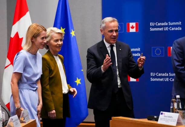 June 23, 2025, Brussels, Belgium: European Union foreign policy chief Kaja Kallas, left to right, President of the European Commission Ursula von der Leyen and Prime Minister Mark Carney arrive for a plenary session at the Canada EU Summit in Brussels, Belgium on Monday, June 23, 2025. Brussels Belgium  - ZUMAc35_ 20250623_zaf_c35_053 Copyright: xSeanxKilpatrickx
