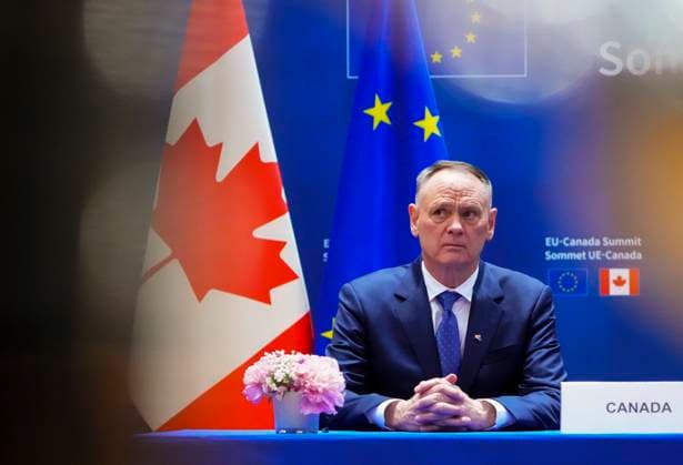 June 23, 2025, Brussels, Belgium: Minister of National Defence David McGuinty, takes part in a signing ceremony during the Canada EU Summit in Brussels, Belgium on Monday, June 23, 2025. Brussels Belgium  - ZUMAc35_ 20250623_zaf_c35_061 Copyright: xSeanxKilpatrickx