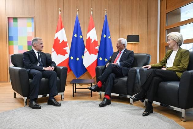 EU-Canada Summit in Brussels BRUSSELS, BELGIUM - JUNE 23: (----EDITORIAL USE ONLY - MANDATORY CREDIT - EUROPEAN UNION COUNCIL POOL - NO MARKETING NO ADVERTISING CAMPAIGNS - DISTRIBUTED AS A SERVICE TO CLIENTS----) European Commission President Ursula von der Leyen (R), European Council President Antonio Costa (R) and Canada Prime Minister Mark Carney (L) attend EU-Canada Summit in Brussels, Belgium on June 23, 2025. EU Council Pool Anadolu Brussels Belgium. Editorial use only. Please get in touch for any other usage.  Copyright: x2025xAnadoluxEUxCouncilx xPoolx