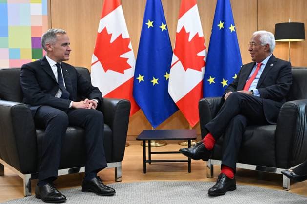 EU-Canada Summit in Brussels BRUSSELS, BELGIUM - JUNE 23: (----EDITORIAL USE ONLY - MANDATORY CREDIT - EUROPEAN UNION COUNCIL POOL - NO MARKETING NO ADVERTISING CAMPAIGNS - DISTRIBUTED AS A SERVICE TO CLIENTS----) European Commission President Ursula von der Leyen (not seen), European Council President Antonio Costa (R) and Canada Prime Minister Mark Carney (L) attend EU-Canada Summit in Brussels, Belgium on June 23, 2025. EU Council Pool Anadolu Brussels Belgium. Editorial use only. Please get in touch for any other usage.  Copyright: x2025xAnadoluxEUxCouncilx xPoolx