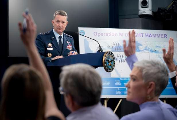 June 22, 2025, Washington, Dc, United States of America: Chairman of the Joint Chiefs Gen. Dan Caine, listens to a question during a press conference about Operation Midnight Hammer at the Pentagon, June 22, 2025 in Washington, D.C. President Trump authorized U.S Air Force B-2 stealth bombers to drop bunker buster bombs on three Iranian nuclear enrichment sites. Washington United States of America - ZUMAp138 20250622_zaa_p138_018 Copyright: xBenjaminxApplebaum DepartmentxOfx
