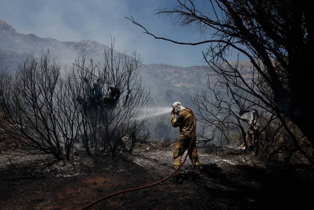 Bilder des Jahres 2025, News 06 Juni News Bilder des Tages Wildfire continues to rage on Greek island of Chios ATHENS, GREECE - JUNE 24: A view of burnt field as firefighters continue to extinguish the wildfire both ground and air on Greek Island of Chios in Athens, Greece on June 24, 2025. The blaze has been burning for three consecutive days and is active on two major fronts. Public broadcaster ERT reported that the flames reached close to the village of Lithi and its nearby beach, damaging crops and forested areas. Dimitris Tosidis Anadolu Athens Greece. Editorial use only. Please get in touch for any other usage.  Copyright: x2025xAnadoluxDimitrisxTosidisx