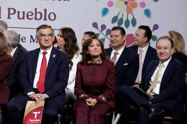 Mexico™s President Claudia Sheinbaum Meets Whit Gobernors Governor of Tlaxcala; Lorena Cuellar, Governor of Tamaulipas, Americo Villarreal and Governor of Sonora, Alfonso Durazo during the announce the 14 governors who will be part of the implementation of Economic Development for Wellbeing, in order to boost investment. on June 26, 2025 in Mexico City, Mexico. (Photo by Luis Barron Eyepix Group) Copyright: xLuisxBarron xEyepixxGroupx LB_26062025_160152