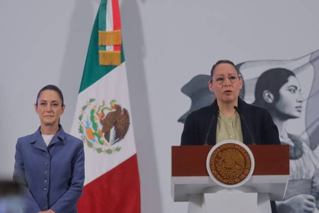 Mexico s President Claudia Sheinbaum is seen behind while Grisel Galeano GarcoÂ­a, Federal Tax Attorney speak during a news conference about the tax debts and strategies of a business group to the detriment of the people of Mexico, with 32 lawsuits for more than 74 billion pesos in litigation at the National Palace. on June 27, 2025 in Mexico City, Mexico. Mexico City Mexico - ZUMAe321 20250627_zia_e321_002 Copyright: xCarlosxSantiagox