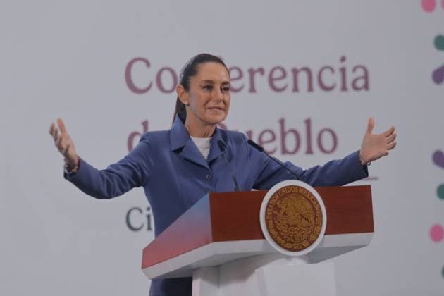 Mexico s President Claudia Sheinbaum speaks during a news conference about the intervention of the National Banking and Securities Commission (CNBV) to the institutions identified by the U.S. Treasury Department for money laundering at the National Palace. on June 27, 2025 in Mexico City, Mexico. Mexico City Mexico - ZUMAe321 20250627_zia_e321_005 Copyright: xCarlosxSantiagox