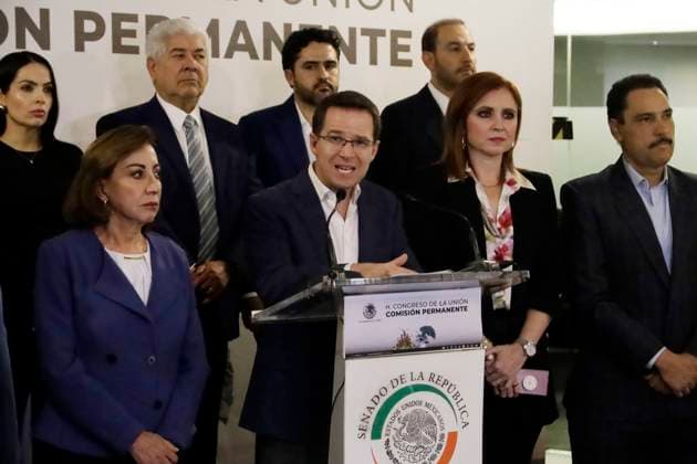 Senator and coordinator of the National Action Party (PAN), Ricardo Anaya, speaks during a press conference about the reform to the Telecommunications and Broadcasting Law in the Mexican Senate. on June 27, 2025 in Mexico City, Mexico. Mexico City Mexico - ZUMAe321 20250627_zia_e321_059 Copyright: xLuisxBarronx