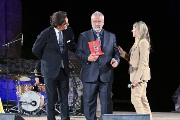 Taormina: Evening of the Nations Award. In the photo: Michel Curatolo,Luc Besson,Elvira Amata  Copyright: xMaurizioxD Avanzox xipa-agency.netx xMaurizioxDxAvanzox IPA_Agency_IPA59682590