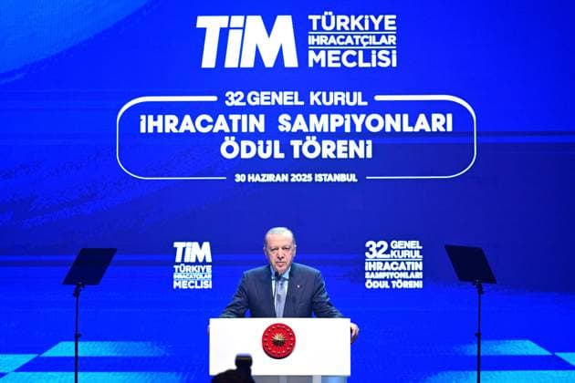 Turkish President Recep Tayyip Erdogan ISTANBUL, TURKIYE - JUNE 30: Turkish President Recep Tayyip Erdogan speaks during the 32nd Ordinary General Assembly of Turkiye Exporters Assembly and Export Champions Award Ceremony at Halic Congress Center in Istanbul, Turkiye on June 30, 2025. Serhat Cagdas Anadolu Istanbul Turkey. Editorial use only. Please get in touch for any other usage.  Copyright: x2025xAnadoluxSerhatxCagdasx