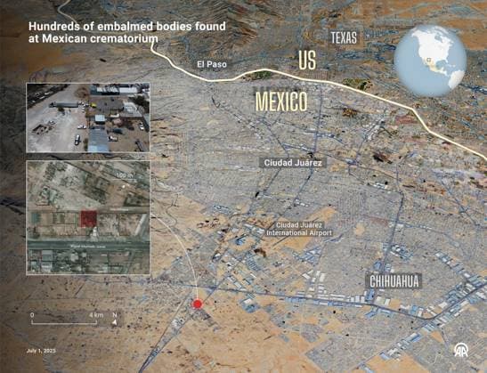 Hundreds of embalmed bodies found at Mexican crematorium ANKARA, TURKIYE - JULY 1: An infographic titled Hundreds of embalmed bodies found at Mexican crematorium created in Ankara, Turkiye on July 1, 2025. Mehmet Yaren Bozgun Anadolu Ankara Turkey. Editorial use only. Please get in touch for any other usage.  Copyright: x2025xAnadoluxMehmetxYarenxBozgunx