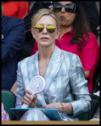 . 01 07 2025. London, United Kingdom. Cate Blanchett keeps cool with a fan whilst in the royal Box on day two of the Wimbledon Tennis Championships in London.  xStephenxLockx xi-Imagesx IIM-26061-0034