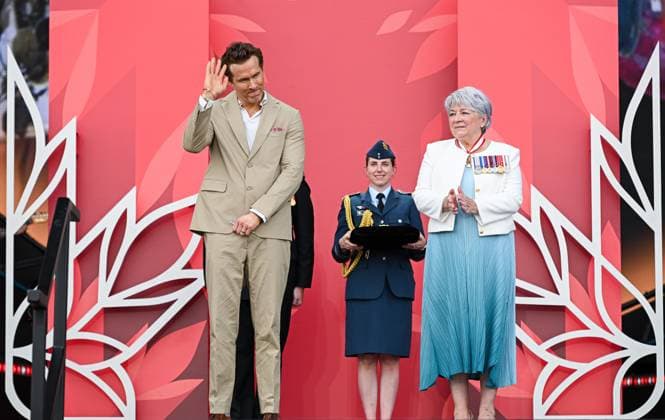July 1, 2025, Ottawa, On, Canada: Canadian-American actor Ryan Reynolds, left, stands alongside Gov. Gen. Mary Simon before being invested as an Officer to the Order of Canada during Canada Day celebrations at LeBreton Flats in Ottawa, on Tuesday, July 1, 2025. Ottawa Canada  - ZUMAc35_ 20250701_zaf_c35_061 Copyright: xSpencerxColbyx