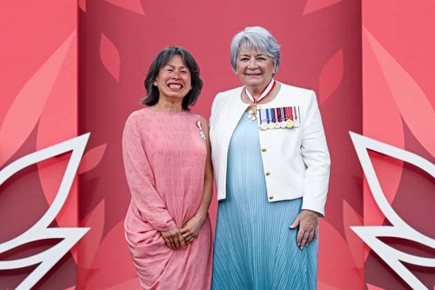 July 1, 2025, Ottawa, On, Canada: Canadian writer Kim Thuy Ly Thanh, left, poses for a picture with Gov. Gen. Mary Simon after being invested as a Member of the Order of Canada during Canada Day celebrations at LeBreton Flats in Ottawa, on Tuesday, July 1, 2025. Ottawa Canada  - ZUMAc35_ 20250701_zaf_c35_126 Copyright: xSpencerxColbyx