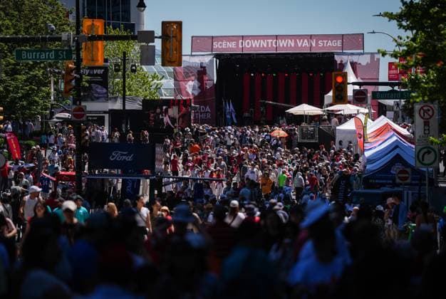 July 1, 2025, Vancouver, Bc, CANADA: People fill the street outside Canada Place during Canada Day festivities, in Vancouver, on Tuesday, July 1, 2025. Vancouver CANADA  - ZUMAc35_ 20250701_zaf_c35_108 Copyright: xDarrylxDyckx