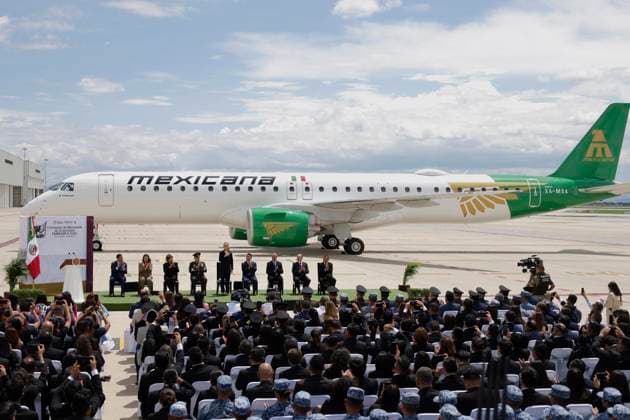 Mexicana De Aviacion Receives Its First Embraer E195-E2 Aircraft The first Mexicana de Aviacion Embraer E195-E2 aircraft is at Felipe Angeles International Airport (AIFA) in Zumpango, State of Mexico, and is received by Mexican President Claudia Sheinbaum on July 1, 2025. Zumpango, State of Mexico Mexico  Copyright: xGerardoxVieyrax originalFilename: vieyra-notitle250701_npgtW.jpg