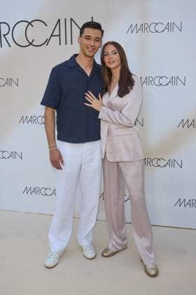 San Diego Pooth with girlfriend Louisa Buescher arriving at the Marccain Spring Summer 2026 Fashion Show A Quit Rebellion at Pei Bau in Berlin on 01 07 2025 Marccain Spring Summer 2026 Fashion Show