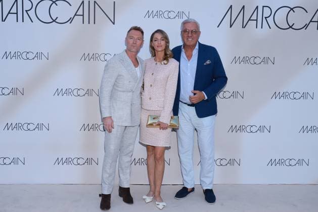 01 07 2025, Ronan Keating with his wife Storm Keating and Helmut Schlotterer as guests at the Marc Cain Fashion Show 2025, A quiet rebellion, Hinter dem Gießhaus, Berlin, Berlin