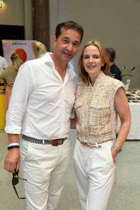 Andreas Elsholz and Denise Zich pair of actors as guests in the Vip Beauty and Fashion Lounge by Reichert Communications as part of Fashion Week 2025 at Hotel de Rom on July 01, 2025 in Berlin Berlin Germany