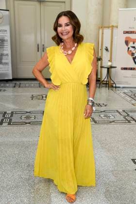 Gitta Saxx presenter yellow dress as a guest in the Vip Beauty and Fashion Lounge by Reichert Communications as part of Fashion Week 2025 at Hotel de Rom on July 01, 2025 in Berlin Berlin Germany