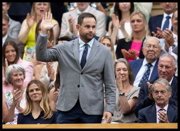 . 05 07 2025. London, United Kingdom. Andy Roddick and Brooklyn Decker in the Royal Box on day six of the Wimbledon Tennis Championships in London.  xStephenxLockx xi-Imagesx IIM-26079-0041