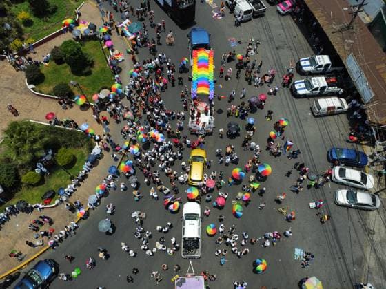 4th Annual Nezahualcoyotl Pride Parade 2025 Aerial view of the members of the LGBTTTIQ+ community taking part during 4th Nezahualcoyotl pride parade as part of the world™s pride celebrations at coyote roundabout. on July 5, 2025 in Mexico City, Mexico. (Photo by Carlos Santiago Eyepix Group) Copyright: xCarlosxSantiago xEyepixxGroupx CS_05072025_161053