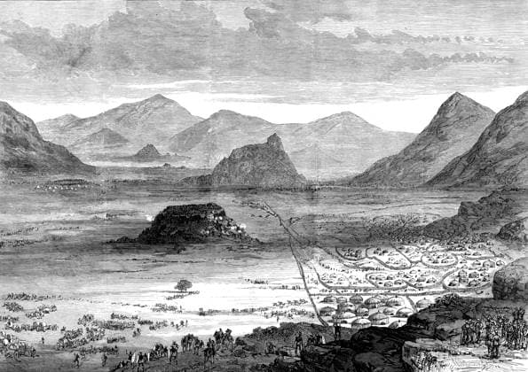 RECORD DATE NOT STATED Secokunis Town, in the Transvaal, from the heights occupied by the 94th Regiment, November 28, 1880. Secokuni Sekhukhune was the hereditary chieftain of a tribe called the Bapedi, or sometimes the Makatees, a branch of the Basuto Kaffir nation, long ago settled in the mountain country...Our troublesome and costly warfare against this petty South African potentate has just been terminated by Sir Garnet Wolseleys adroit and successful attack, on Nov. 28, upon Secokunis formidable stronghold in the Lulu mountains, beyond the Steelpoort river, not far from the gold-fields of Lydenburg...The Secokuni war, as well as the late Zulu war, involving an untold expenditure of British taxpayers money, was gratuitously and needlessly imposed upon us by  Copyright:ThexPrintxCollector HeritagexImagesxUnknownx IMAGO