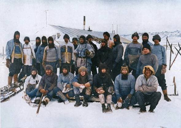 RECORD DATE NOT STATED The Main Party at Cape Evans After The Winter, 1911, (1913). Mr. Taylor. Mr. Cherry-Garrard. Mr. Day. Mr. Nelson. Lieut. Evans. Capt. Oates. Dr. Atkinson. Capt. Scott. Mr. Wright. Lieut. Gran. Keohane. Lashly. Hooper. Forde. Anton. Demetri. Lieut. Bowers. Mr. Meares. Mr. Debenham. Dr. Wilson. Dr. Simpson. Seaman Evans. Crean. The final expedition of British Antarctic explorer Captain Robert Falcon Scott (1868-1912) left London on 1 June 1910 bound for the South Pole. The Terra Nova Expedition, officially the British Antarctic Expedition (1910-1913), included a geologist, a zoologist, a surgeon, a photographer, an engineer, a ski expert, a meteorologist and a physicist among others. Scott wished to continue the scientific work that he had be  Copyright:ThexPrintxCollector HeritagexImagesxHerbertxPontingx IMAGO