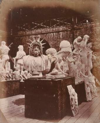 RECORD DATE NOT STATED Group of Sculpture in the Roman Court, Crystal Palace, Sydenham, 1852-1854. Designed by Sir Joseph Paxton to house the Great Exhibition of 1851 in Hyde Park, the Crystal Palace was reconstructed and enlarged in Sydenham in 1852. The first column was raised on 5 August 1852 and the palace was opened by Queen Victoria on 10 June 1854. Many exhibitions and events were subsequently held at the Crystal Palace until it burnt down on 30 November 1936. The park contained a motor racing circuit from 1937 until 1972 and the famous athletics track dates back to the foundation of the Crystal Palace Athletics Club in 1868. Plate 19 from Photographic Views of the Progress of the Crystal Palace, Sydenham. Taken during the progress of the works, by desire  Copyright:HeritagexArt HeritagexImagesxPhilipxHenryxDelamottex IMAGO