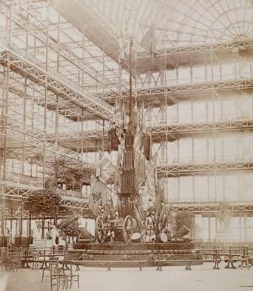 RECORD DATE NOT STATED The Military Trophy erected at the visit of Les Guides, Crystal Palace, Sydenham, 1852-1854. Designed by Sir Joseph Paxton to house the Great Exhibition of 1851 in Hyde Park, the Crystal Palace was reconstructed and enlarged in Sydenham in 1852. The first column was raised on 5 August 1852 and the palace was opened by Queen Victoria on 10 June 1854. Many exhibitions and events were subsequently held at the Crystal Palace until it burnt down on 30 November 1936. The park contained a motor racing circuit from 1937 until 1972 and the famous athletics track dates back to the foundation of the Crystal Palace Athletics Club in 1868. Plate 100 from Photographic Views of the Progress of the Crystal Palace, Sydenham. Taken during the progress of the  Copyright:HeritagexArt HeritagexImagesxPhilipxHenryxDelamottex IMAGO