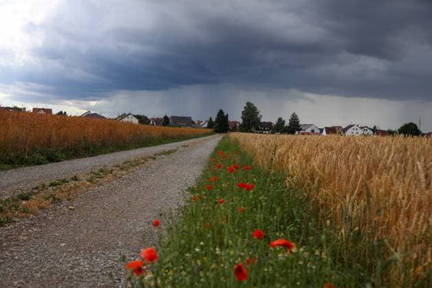 Wetterfeature, Dunkle Wolken ziehen kurz vor einem Gewitter über dem schwäbischen Landkreis Neu-Ulm in Bayern auf. Weißenhorn Bayern Deutschland Weißenhorn *** Weather feature, Dark clouds move over the Swabian district of Neu Ulm in Bavaria shortly before a thunderstorm Weißenhorn Bavaria Germany Weißenhorn Copyright: x xonw-imagesx xAlexanderxWolfx
