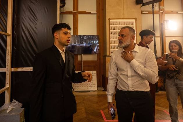 PFW - Georges Hobeika Backstage L-R : Jad and Georges Hobeika seen backstage prior to the Georges Hobeika Haute Couture Autumn Winter 2025-2026 show, as part of Paris Fashion Week in Paris, France on July 7, 2025. Photo by Ammar Abd Rabbo ABACAPRESS.COM Paris France  Copyright: xAbdxRabboxAmmar ABACAx