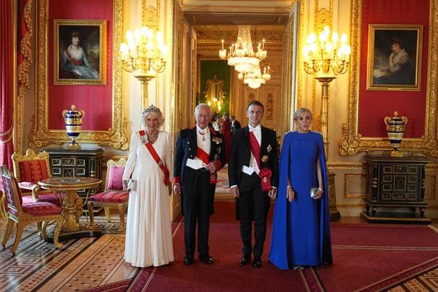 Bilder des Jahres 2025, News 07 Juli News Themen der Woche KW28 . 08 07 2025. Windsor , United Kingdom. President Emmanuel Macron, Bridgette Macron, King Charles III, Queen Camilla, Prince William and Kate Middleton, the Prince and Princess of Wales ,at a State Banquet at Windsor Castle on the first day of the French State Visit to the United Kingdom.  xi-Imagesx xPoolx IIM-26084-0205