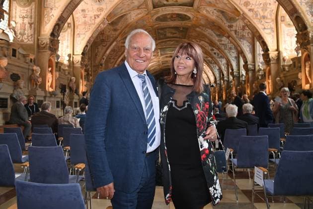 Franz Bulle ROTH Former professional soccer player with life companion Helena von Sarkozy Award of the Bavarian Order of Merit in the Antiquariat of the Residenz in Munich on 09 07 2025