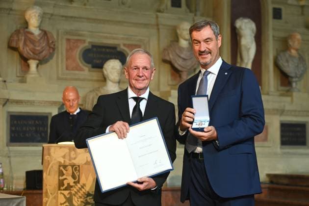 Fritz EGNER Moderator receives the Bavarian Order of Merit from Markus SOEDER State Premier of Bavaria and CSU Chairman Bavarian Order of Merit Award Ceremony in the Antiquariat of the Residence in Munich on 09 07 2025