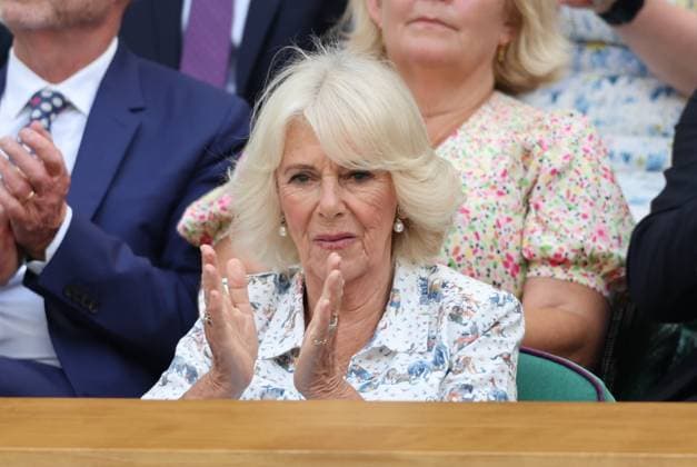 . 09 07 2025. London, United Kingdom. Royal Box including Queen Camilla , Peter Phillips and Harriet Sperling on day ten of the Wimbledon Tennis Championships in London.  xStephenxLockx xi-Imagesx IIM-26087-0028