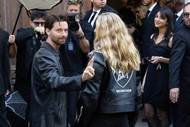 PFW Balenciaga Outside Arrivals NB Patrick Arnold Schwarzenegger, Abby Champion arriving at the Balenciaga show as part of Haute Couture Fashion Week on July 09, 2025 in Paris, France. Photo by Nasser Berzane ABACAPRESS.COM Paris France  Copyright: xBerzanexNasser ABACAx