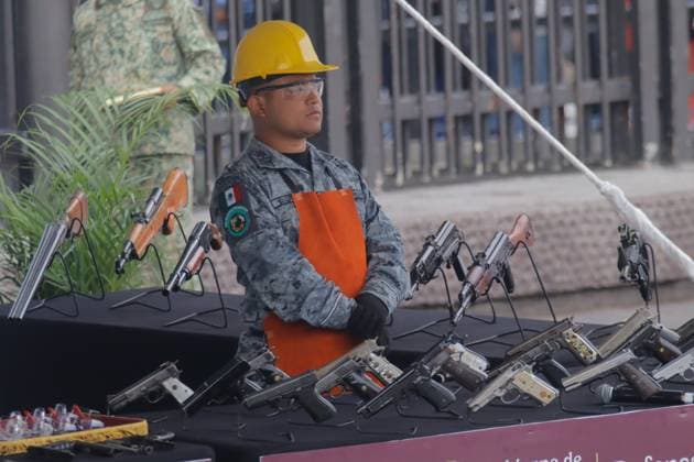 A Mexican army soldier is seen during the destruction of weapons at the ceremony of the International Day for the Destruction of Firearms, 2,090 weapons were seized and destroyed at Basilica of Guadalupe. on July 9, 2025 in Mexico City, Mexico. Mexico City Mexico - ZUMAe321 20250709_zia_e321_045 Copyright: xCarlosxSantiagox