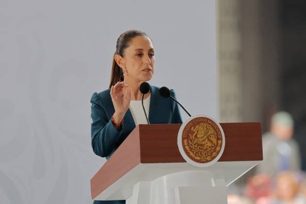 MexicoÃ¢â‚¬â ¢s President Claudia Sheinbaum Pardo, speaks during the ceremony of the International Day for the Destruction of Firearms, 2,090 weapons were seized and destroyed at Basilica of Guadalupe. on July 9, 2025 in Mexico City, Mexico. Mexico City Mexico - ZUMAe321 20250709_zia_e321_060 Copyright: xCarlosxSantiagox