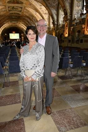Janina Hartwig with friend Alexander Putz Bavarian Order of Merit in the Antiquarium of the Residenz in Munich on July 9, 2025