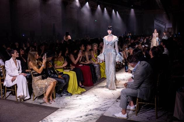 PFW - Elie Saab Runway A model walks the runway at the Elie Saab Haute Couture Fall Winter 2025-2026 show, as part of Paris Fashion Week in Paris, France on July 9, 2025. Photo by Ammar Abd Rabbo ABACAPRESS.COM Paris France  Copyright: xAbdxRabboxAmmar ABACAx