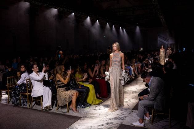 PFW - Elie Saab Runway A model walks the runway at the Elie Saab Haute Couture Fall Winter 2025-2026 show, as part of Paris Fashion Week in Paris, France on July 9, 2025. Photo by Ammar Abd Rabbo ABACAPRESS.COM Paris France  Copyright: xAbdxRabboxAmmar ABACAx