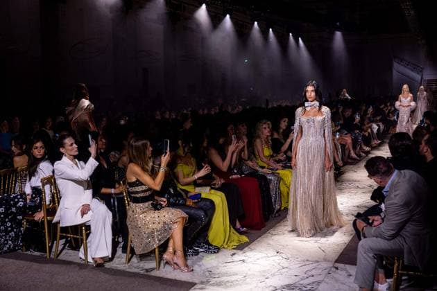 PFW - Elie Saab Runway A model walks the runway at the Elie Saab Haute Couture Fall Winter 2025-2026 show, as part of Paris Fashion Week in Paris, France on July 9, 2025. Photo by Ammar Abd Rabbo ABACAPRESS.COM Paris France  Copyright: xAbdxRabboxAmmar ABACAx