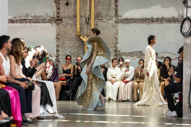 PFW - Rami Al Ali Runway A model walks the runway at the Rami Al Ali Haute Couture Fall Winter 2025-2026 show, as part of Paris Fashion Week in Paris, France on July 10, 2025. Rami Al Ali is the first Syrian fashion designer to present a collection ‘officially’ at the Paris Haute Couture week. Photo by Ammar Abd Rabbo ABACAPRESS.COM Paris France  Copyright: xAbdxRabboxAmmar ABACAx