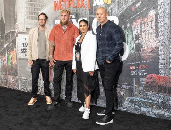 July 11, 2025, Bronx, New York, USA: Gabe Spitzer, Jake Paul, Bela Bajaria and Brandon Riegg arrive for Katie Taylor vs Amanda Serrano 3 boxing bout at Madison Square Garden in New York, NY on July 11, 2025 Bronx USA - ZUMAr339 20250711_znp_r339_045 Copyright: xLevxRadinx