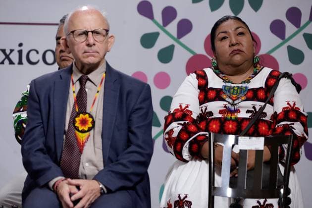 Mexico™s President Claudia Sheinbaum Holds Briefing Director of the National Institute of Anthropology and History (INAH), Diego Prieto Hernandez and and the president of the National Council to Prevent Discrimination, Claudia Morales Reza during a briefing on the Wixarika Route of Sacred Sites, recently inscribed on the UNESCO World Heritage List at National Palace. on July 14, 2025 in Mexico City, Mexico. Mexico City CDMX Mexico Copyright: xLuisxBarronx