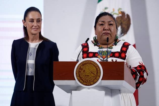 Mexico™s President Claudia Sheinbaum Holds Briefing President of the National Council to Prevent Discrimination, Claudia Morales Reza, speaks about the Wixarika Route of Sacred Sites, recently inscribed on the UNESCO World Heritage List at National Palace. on July 14, 2025 in Mexico City, Mexico. Mexico City CDMX Mexico Copyright: xLuisxBarronx