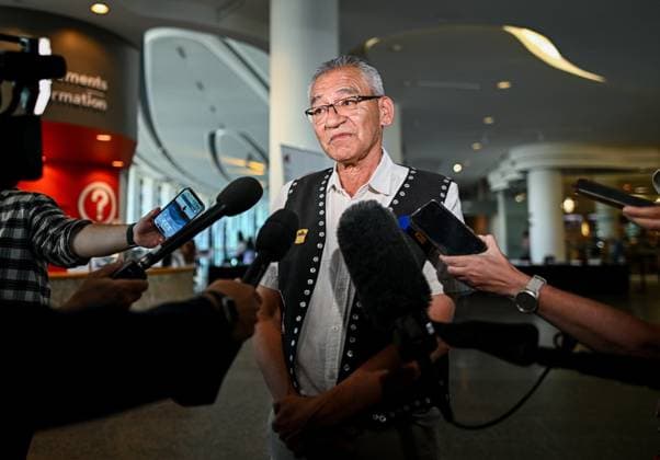 July 16, 2025, Gatineau, Qc, Canada: WetöÄÃ suwetöÄÃ en Hereditary Chief NaöÄÃ Moks speaks to reporters on the sidelines of the First Nations Summit at the Canadian Museum of History in Gatineau, Que., on Wednesday, July 16, 2025. Gatineau Canada  - ZUMAc35_ 20250716_zaf_c35_051 Copyright: xSpencerxColbyx