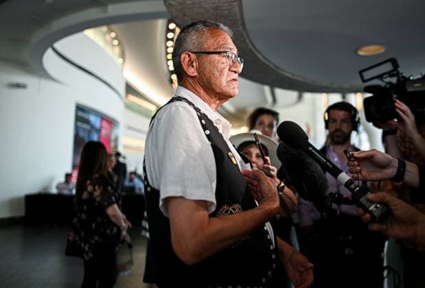 July 16, 2025, Gatineau, Qc, Canada: WetöÄÃ suwetöÄÃ en Hereditary Chief NaöÄÃ Moks speaks to reporters on the sidelines of the First Nations Summit at the Canadian Museum of History in Gatineau, Que., on Wednesday, July 16, 2025. Gatineau Canada  - ZUMAc35_ 20250716_zaf_c35_054 Copyright: xSpencerxColbyx